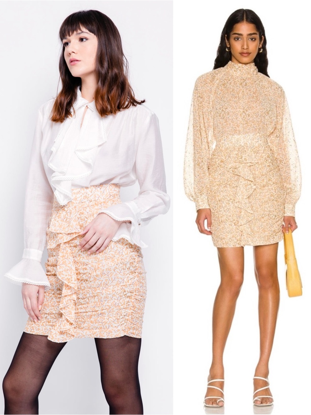 SABINA MUSAYEV Floral Gold Dot Ruched Chiffon Ruffled Coquette Pencil Skirt L